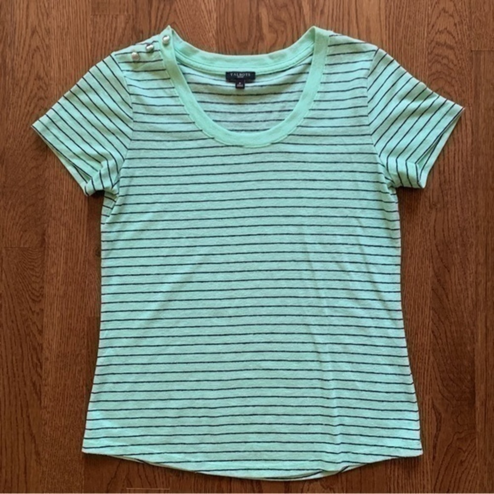 NFSTalbots petite scoop neck short sleeve black & green striped tee small petite